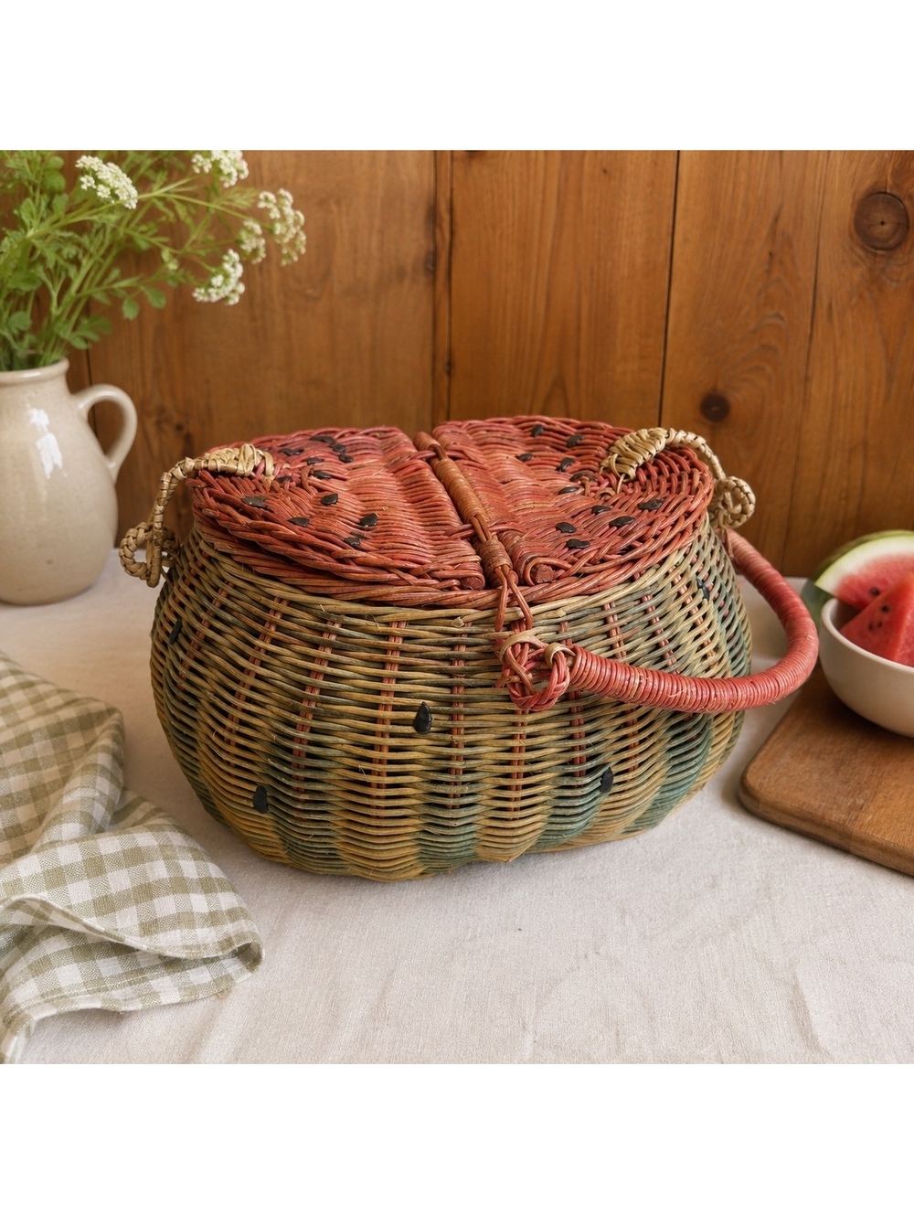 Vintage Watermelon Wicker Picnic Basket Split Lid Summer Kitchen Decor